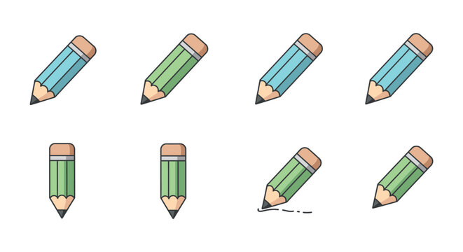 Pixel art pencils in various colors and orientations on a white background
