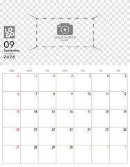 September 2026 Calendar. Week start on Sunday. Desk calendar 2026 design, simple and clean design, Wall calendar for print, digital calendar, Corporate design planner template vector.