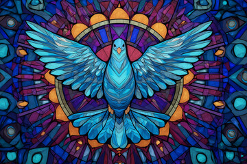 Colorful stained glass artwork of a dove in graceful bird surrounded by radiant geometric shapes, symbolizing peace, freedom, mental clarity, harmony