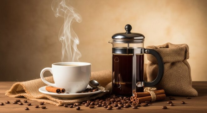 International coffee day, a cup of coffee with steam, a french press, cinnamon sticks, and coffee beans on a burlap sack on a wooden table