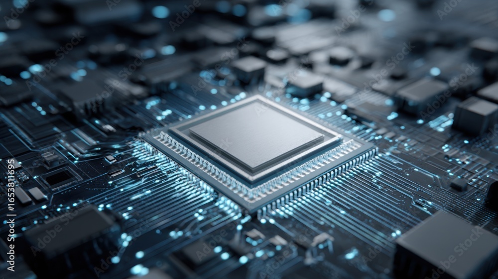 Poster a close-up view of a microchip placed on a circuit board highlights the complex arrangement of elect