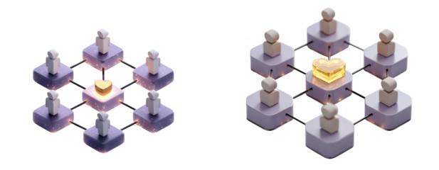 A team of people connected in a network with a glowing leader at the center, isolated on transparent background