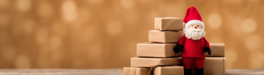 A festive figure of Santa stands beside stacked gift boxes, creating a warm, holiday atmosphere with a blurred golden background.