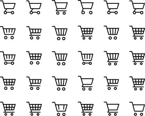 Shopping cart icons set, e-commerce symbols, online store, retail basket, add to cart, market trolley, checkout, digital shop illustration