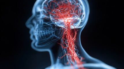 Vivid display of human anatomy showcasing the intricate connections of blood vessels and the brain. Vascular network clearly depicted within the head silhouette.