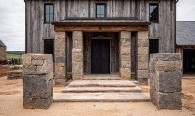 Rustic Farmhouse Entrance with Stone Pillars