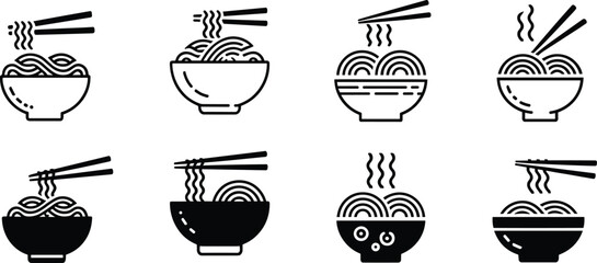 Noodles bowl icon set, Asian food illustration, ramen soup design, chopsticks eating, hot noodle meal, restaurant menu, culinary vector art