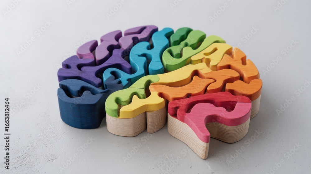 Poster a brain-shaped puzzle made of wood is displayed on a smooth surface. the puzzle features vibrant col