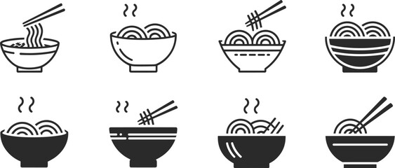 Noodle bowl icon set, ramen soup vector, hot Asian food illustration, chopsticks design, steaming noodles, restaurant menu, Japanese Chinese cuisine