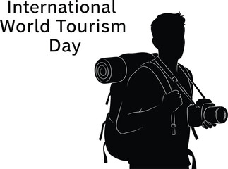 Silhouette of a traveler with a backpack and camera for international world tourism day