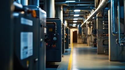 Industrial heating units in a long corridor, pipes and machinery in the background