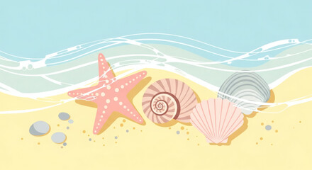 Serene coastal illustration of colorful seashells and a pink starfish resting on a sandy beach by the gentle ocean waves.