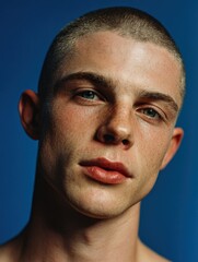 Obraz premium young man with shaved hair, relaxed studio portrait, soft blue background, generative ai 