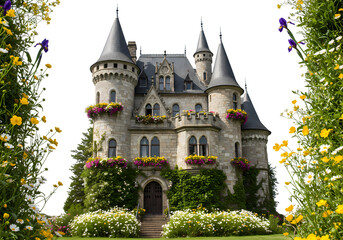 Fairytale Castle with Lush Gardens: Architectural Photography isolated on transparent background