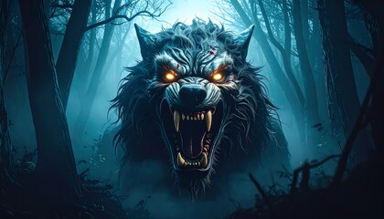 Ferocious werewolf in dark forest