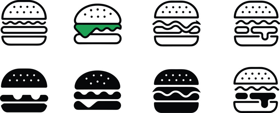 Burger icon collection, cheeseburger outline, fast food logo, sandwich graphic, snack meal vector, restaurant symbol, junk food design, tasty burger illustration - Powered by Adobe