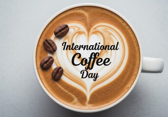 International coffee day, international coffee day cappuccino with heart latte art and coffee beans isolated on white background, top view flatlay