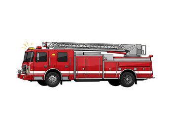 Powerful Red Fire Truck with Extended Ladder: Emergency Vehicle Photography isolated on transparent background