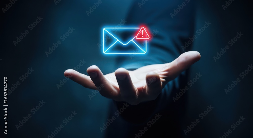 Aufkleber glowing neon envelope icon with alert symbol hovering above an open hand