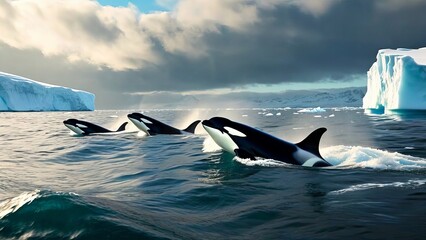 Fototapeta premium The image shows a pod of orcas surfacing in ocean waves under a cloudy sky. 