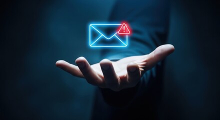 Glowing neon envelope icon with alert symbol hovering above an open hand