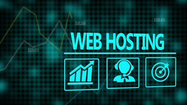 Web Hosting business concept on a flashing computer monitor with moving graphs and data.