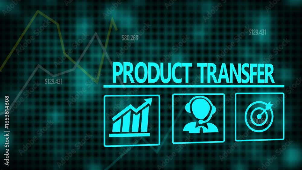 Aufkleber product transfer business concept on a flashing computer monitor with moving graphs and data.