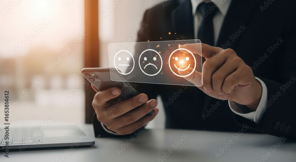 Poster businessman interacting with digital interface displaying customer satisfaction feedback icons with 