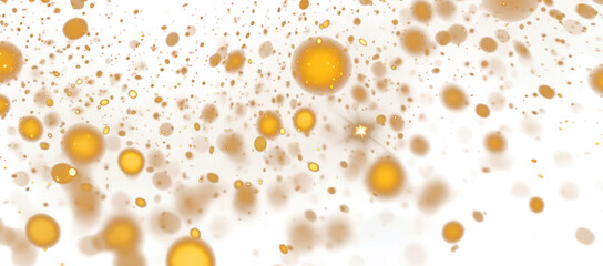 Abstract background of numerous small gold and yellow bubbles and particles floating and suspended in a dynamic, bright, and shiny pattern, isolated on transparent background