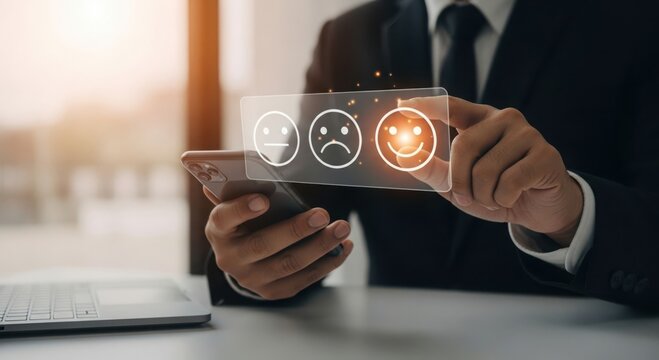 Businessman interacting with digital interface displaying customer satisfaction feedback icons with positive rating