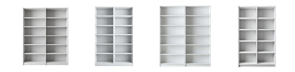 Set of four modern white shelving units and bookcases of various sizes, displayed together, isolated on transparent background