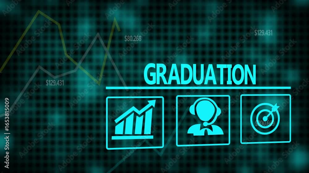 Aufkleber a graduation business concept on a flashing computer monitor with moving graphs and data.