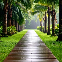 Obraz premium Tranquil boardwalk path through lush, rain-kissed palms