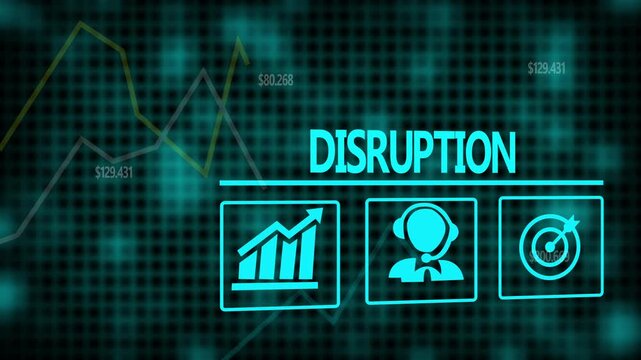 Disruption business concept on a flashing computer monitor with moving graphs and data.