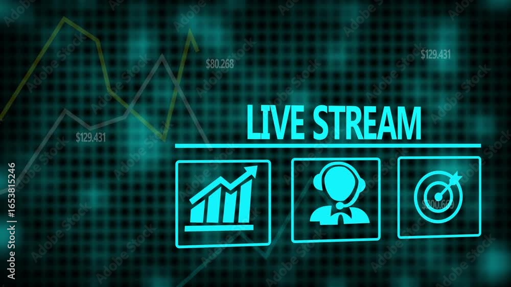Aufkleber a live stream business concept on a flashing computer monitor with moving graphs and data.