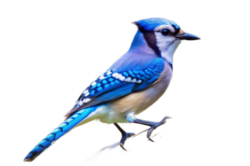 A vibrant blue jay perched against a stark black background