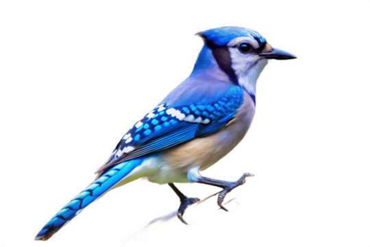 A vibrant blue jay perched against a stark black background