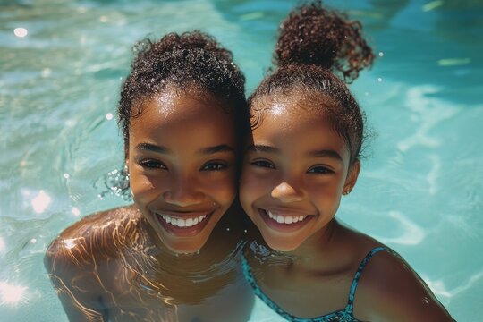 Happy candid smiling black African American mother and daughter swimming together during a summer vacation holiday, Generative AI