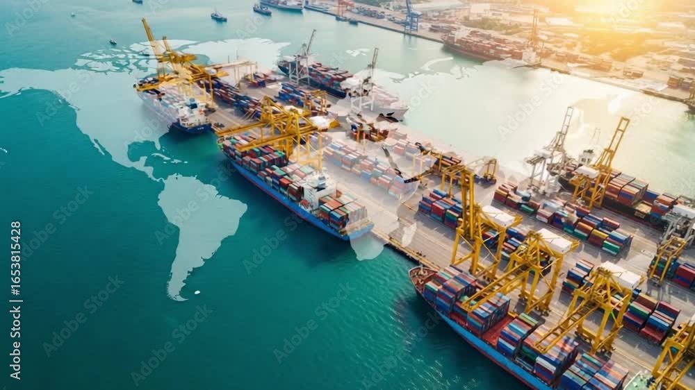 Aufkleber aerial view of container ships at a port with a world map overlayed on the ocean surface