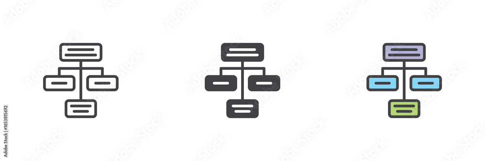 Poster flowchart diagram icon set in line, solid and filled outline style
