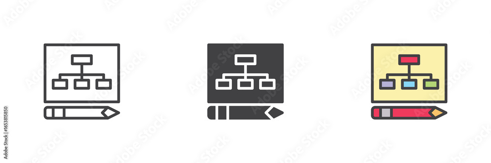 Poster hierarchy chart icon set in line, solid and filled outline style