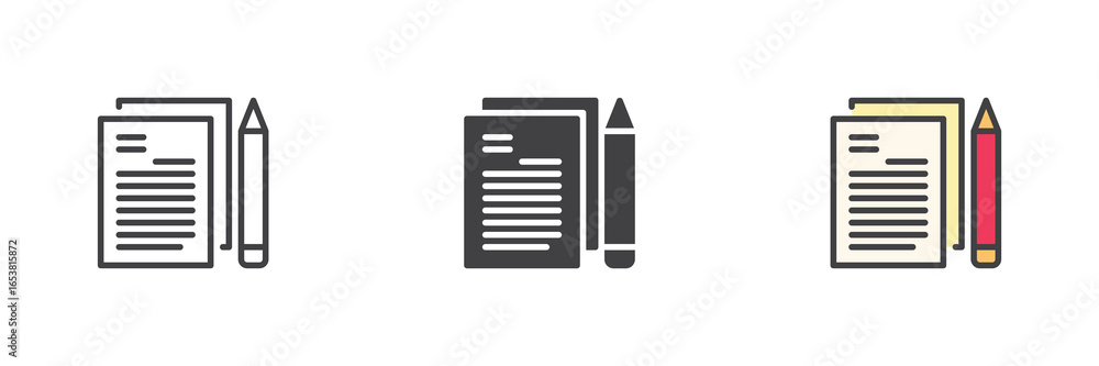 Poster notebook document icon set in line, solid and filled outline style