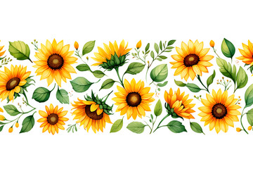 Seamless watercolor pattern of sunflowers and green leaves
