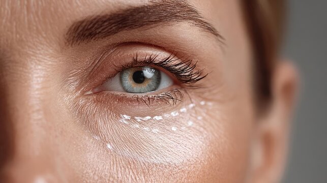 Puffy eyelids with swollen circles concept. Close-up view of a person applying skincare under their eye.