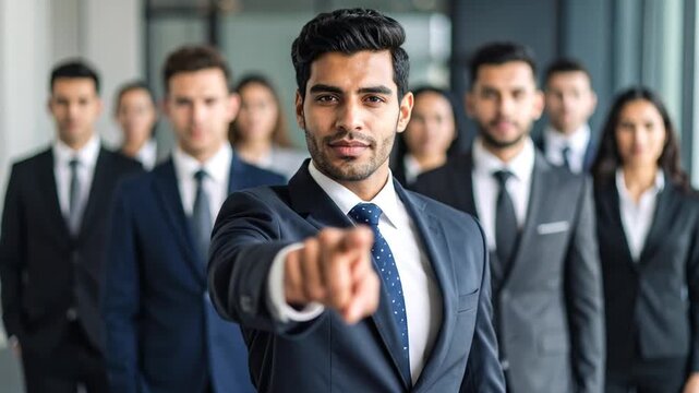 A confident leader in a suit gestures forward, surrounded by a diverse team in business attire. The group faces the viewer