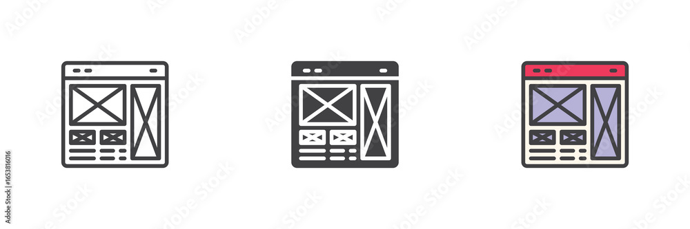 Poster website wireframe icon set in line, solid and filled outline style