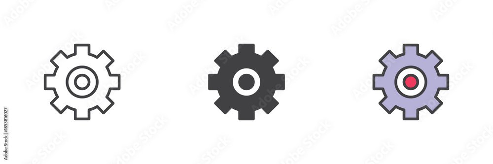 Poster gear mechanism icon set in line, solid and filled outline style