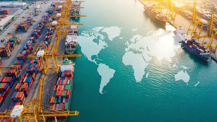 Aerial view of container ships at a port with a world map overlayed on the water surface area - Powered by Adobe