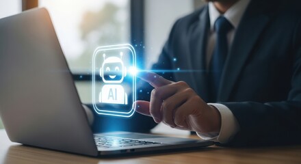 Businessman interacting with futuristic digital interface displaying user profile icons and data on a modern device