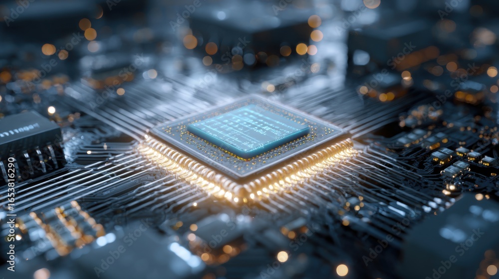 Poster this close-up showcases a microprocessor at the center of a complex circuit board, illuminated by ti